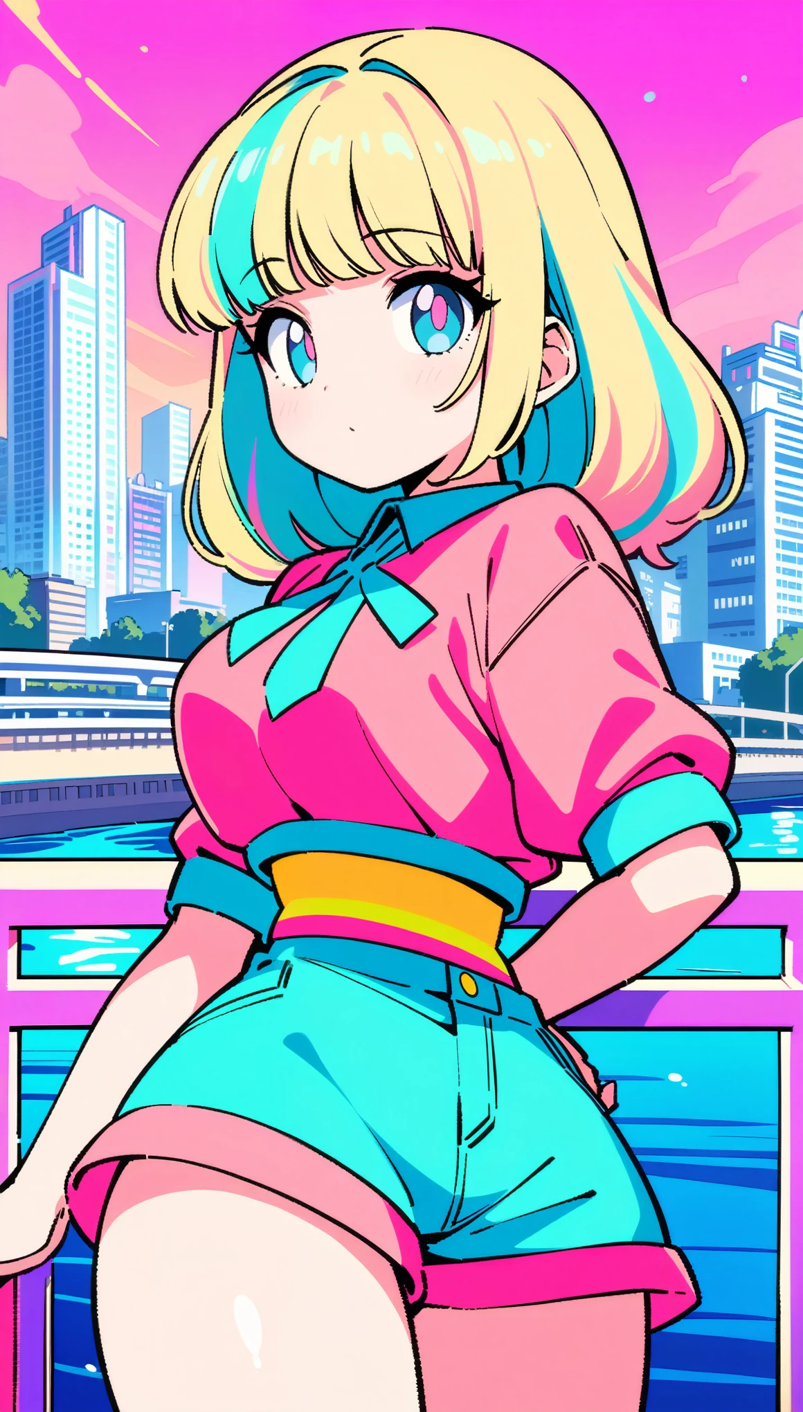 masterpiece, Highest quality, Beautiful attention to detail, Very detailed, In detail, High resolution, Perfect Anatomy, colorful, pastel colour, One Girl, alone, (City pop illustrations), (City Pop Art), Simple Background, Retro Style, (Vaporwave City Pop), (1980s City Pop), (City Pop Anime), (river, bridge), Retro Style, 1980s Fashion, Cowboy Shot,