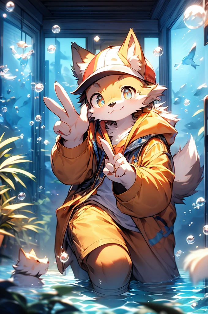 masterpiece, best quality, bright eyes, detailed eyes, furry, wolf, male, baggy clothing, baseball cap, v sign, (head tilt:1.3), high saturation, colorful, detailed background, perfect lighting, shadow, aquarium, window, deep blue theme, bubble