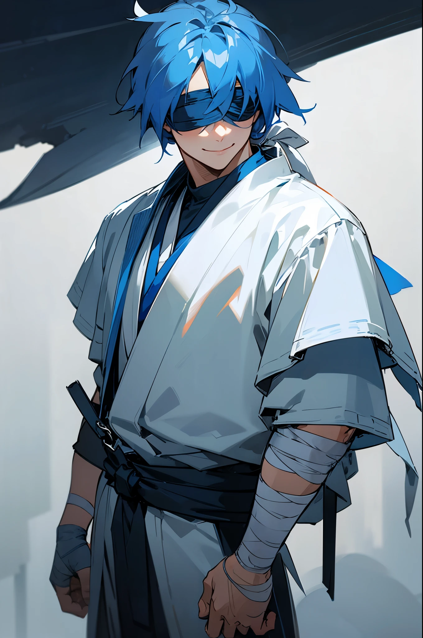 1male, blue hair, tied up hair, blue bandaged blindfold, smiling, white yukata, foggy misty background, detailed face, hands to side, standing on path