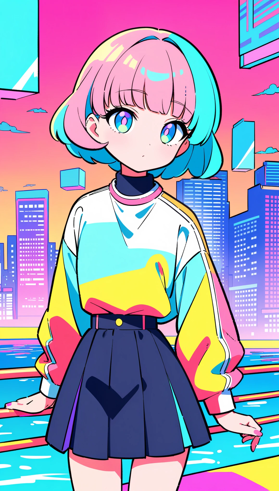 masterpiece, Highest quality, Beautiful attention to detail, Very detailed, In detail, High resolution, Perfect Anatomy, colorful, pastel colour, One Girl, alone, (City pop illustrations), (City Pop Art), Simple Background, Retro Style, (Vaporwave City Pop), (1980s City Pop), (City Pop Anime), (river, bridge), Retro Style, 1980s Fashion, Cowboy Shot,