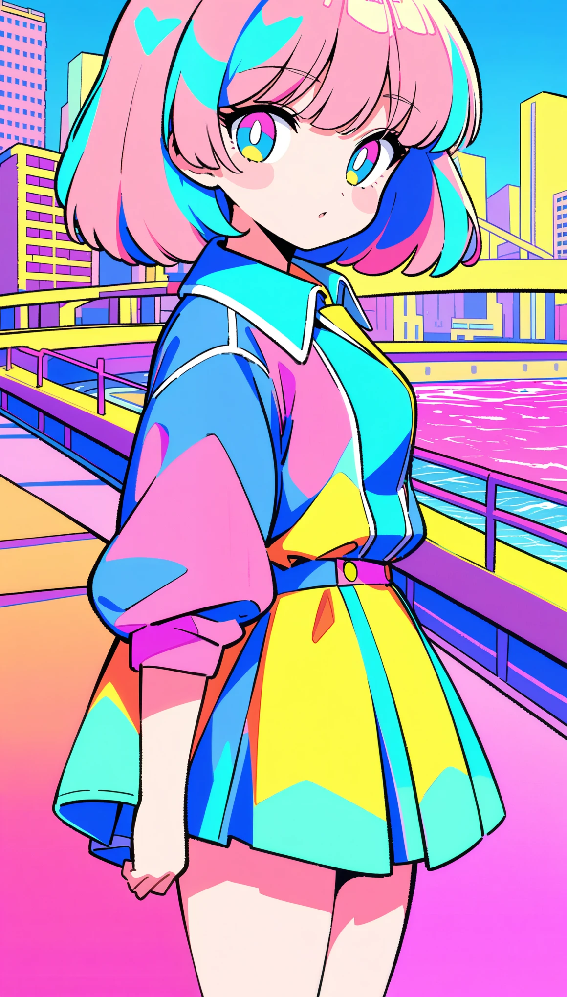 masterpiece, Highest quality, Beautiful attention to detail, Very detailed, In detail, High resolution, Perfect Anatomy, colorful, pastel colour, One Girl, alone, (City pop illustrations), (City Pop Art), Simple Background, Retro Style, (Vaporwave City Pop), (1980s City Pop), (City Pop Anime), (river, bridge), Retro Style, 1980s Fashion, Cowboy Shot,