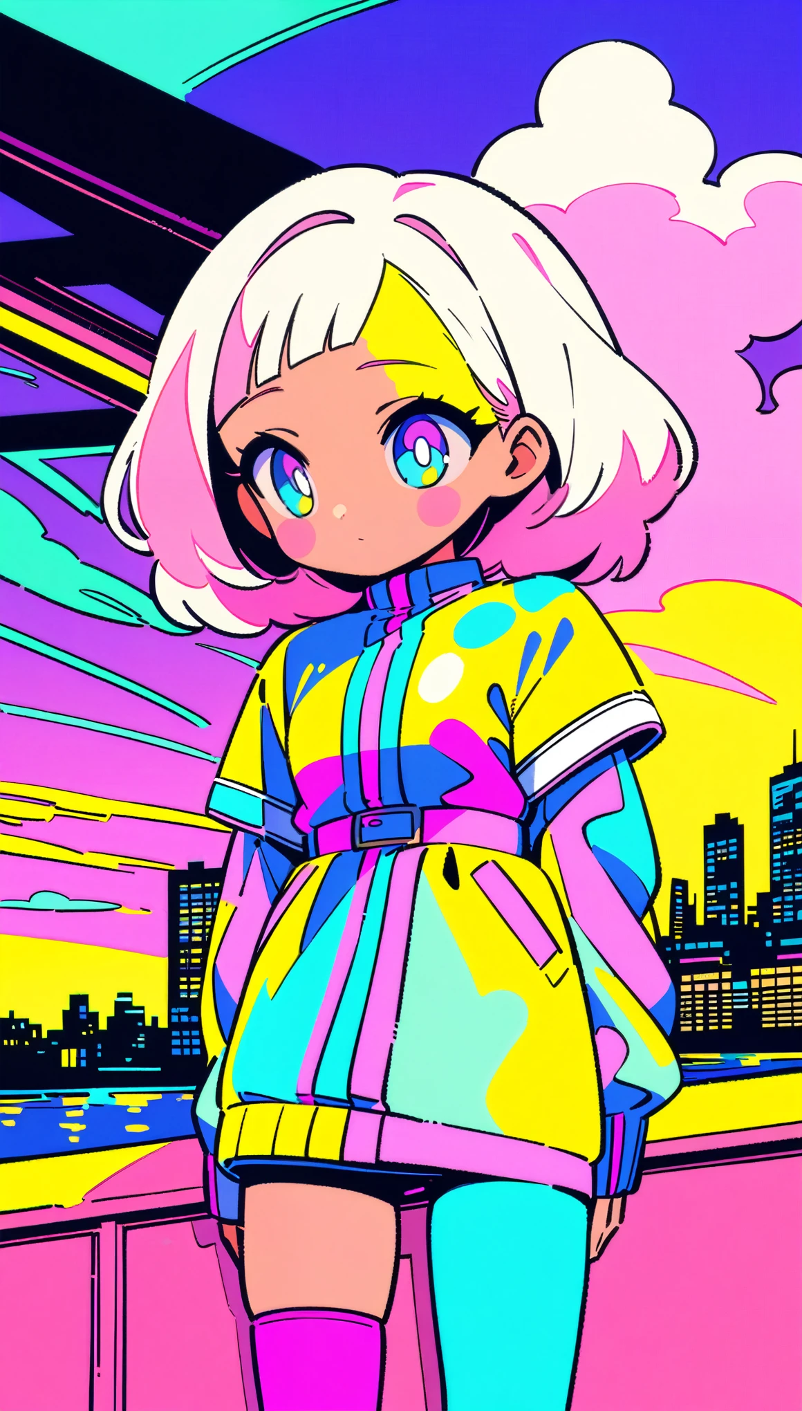 masterpiece, Highest quality, Beautiful attention to detail, Very detailed, In detail, High resolution, Perfect Anatomy, colorful, pastel colour, One Girl, alone, (City pop illustrations), (City Pop Art), Simple Background, Retro Style, (Vaporwave City Pop), (1980s City Pop), (City Pop Anime), (river, bridge), Retro Style, 1980s Fashion, Cowboy Shot,