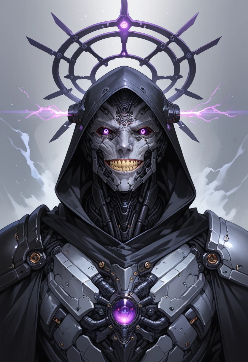 1 male,solo,grey skin, villian,black mechanical armor,full armor,detailed texture,fantasy,smile teeth,pale skin,energy veins on armor,black cloak,black hood, Eyes glowing purple,black sclera,glowing eyes,detailed,(machina),blue mix purple ornament,detailed texture,black colour halo,detailed face,