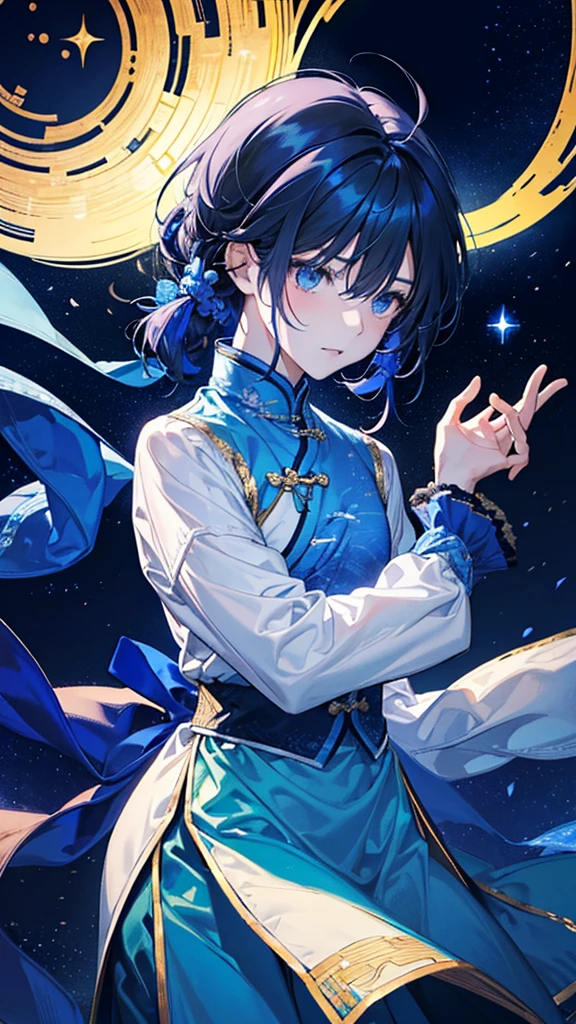 starが輝く目を持つイケメンのイラストを描いてください。彼の目の中には小さなstar々Shines、It exudes a mysterious and charming atmosphere。His expression was calm and、目のstar々emits a fantastic light。Hair flows naturally like the wind、The background is a deep blue like the night sky.、star々is sprinkled with。