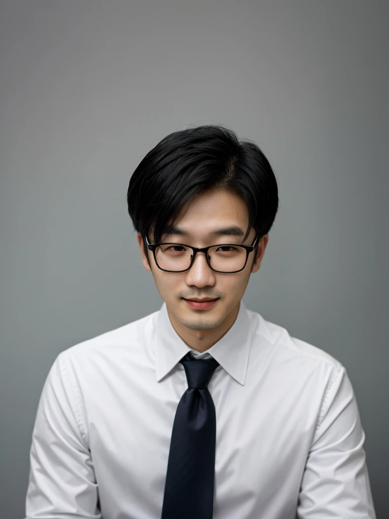 （protrait photo）asian man, 30 years old, project Manager。wear glasses，He is wearing a dark suit, Pair with a white shirt and dark tie。His hair is neat, Face clean and clean, round face，short hair，Eyes reveal wisdom and confidence。He smiles and looks at the camera, Convey a professional and capable temperament, Ultra high quality, masterpiece, textured skin, high quality, high resolution, best quality, high detail，Half-length photo，whole body