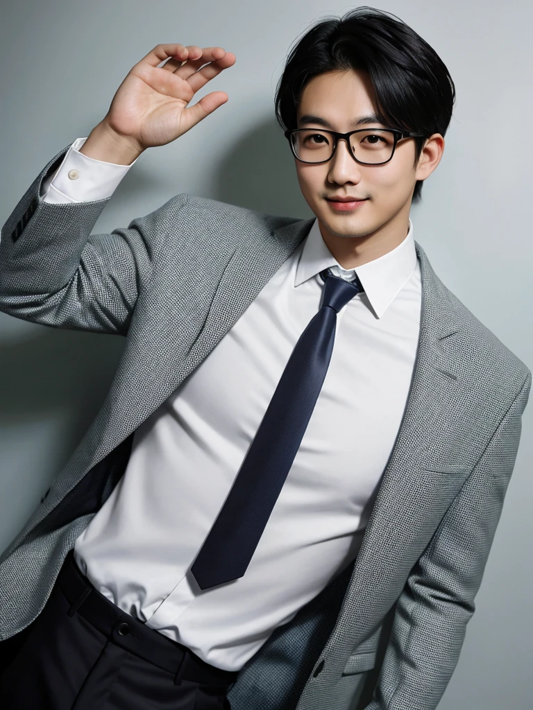 （protrait photo）asian man, 30 years old, project Manager。wear glasses，He is wearing a dark suit, Pair with a white shirt and dark tie。His hair is neat, Face clean and clean, round face，short hair，Eyes reveal wisdom and confidence。He smiles and looks at the camera, Convey a professional and capable temperament, Ultra high quality, masterpiece, textured skin, high quality, high resolution, best quality, high detail，Half-length photo，whole body
