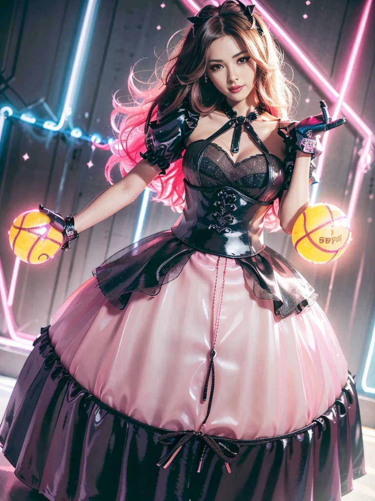 (best quality, 4k ,8k, highres, masterpiece:1.2), ultra-detailed, (realistic, photorealistic, photo-realistic:1.37), sexy stylish Swedish model, (big smile), peaches fruits, gyaru, lip-gloss, eyeliner, vivid eyeshadow, full body Esbian, (((sheer latex tight ball gown（neon black and neon pink)))), colorful highlights, colorful flowing hair, sweet and sexy, seductive look ,conceptual art, High quality, Realistic, extremely detailed CG unified 8k wallpaper, highly detailed, High-definition raw color photos, professional photography, Realistic portrait, Cinematic Light, ultra details, (((Bokeh))), depth of fields, illumination, ultra detailed neon street background,big Breasts, keira knightly 