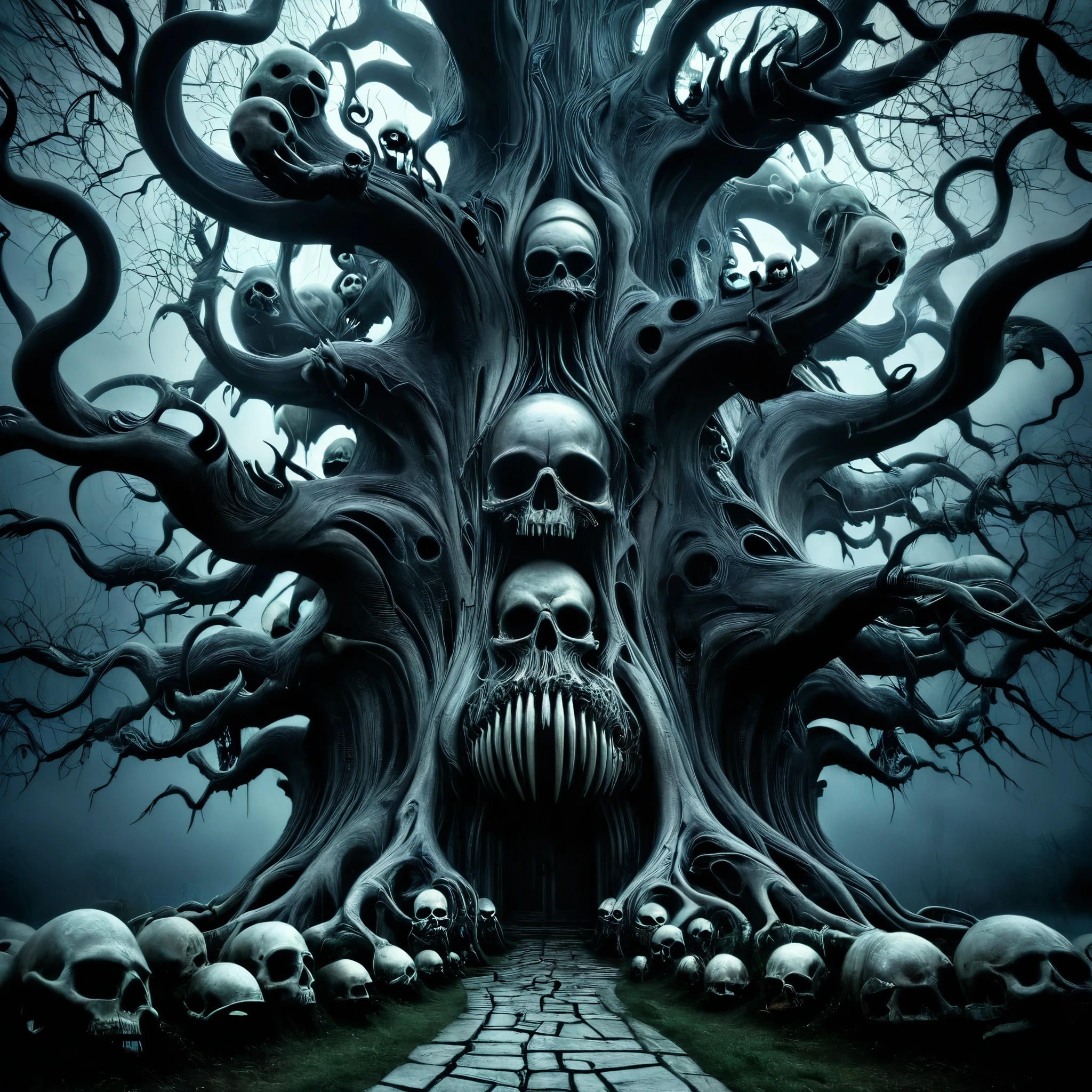 darkness, nightmare, horror, H.R. Giger style , family tree, skull, highly detailed, genealogical accuracy, dramatic lighting.