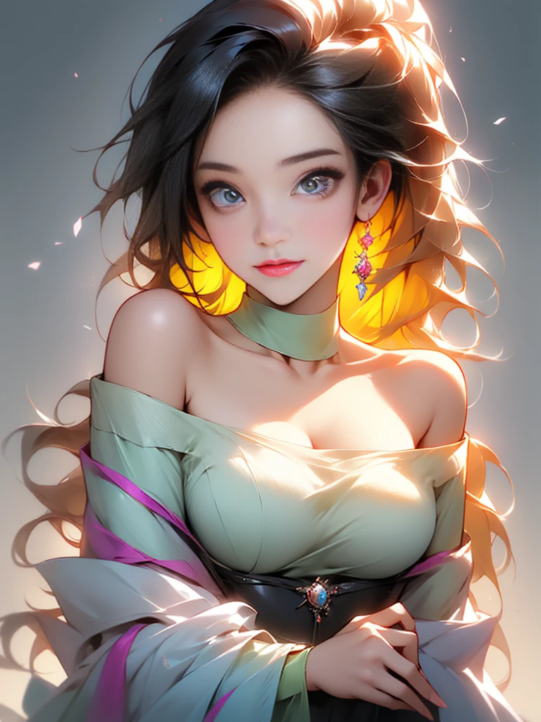  ((beautiful woman with flawless  skin)), long hair with gradient glow,electric colors, clearly defined facial features, big detailed eyes, ((( wearing an off the shoulder sweater))) glowing in the background, masterpiece, best high quality image,96k, uhd, depth of field, 1080P wallpaper, spotlight, character focus, high quality, insanely detailed, ray tracing ,UHD picture quality in the style of Amy Sol