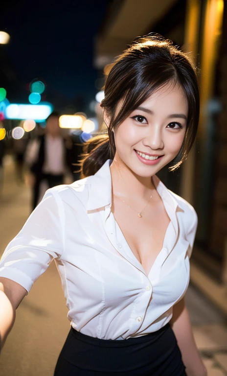8k, (Raw photo:1.2), (Photorealsitic), Beautiful detailed, Famous popular actresses、 (Real: 1.4), extremely detailed eye and face, beatiful detailed eyes, ((Dazzling night illumination plaza:1.2)), ((Women's Suits:1.3, Ultra-realistic pantyhose:1.2))、selfee、Instagram、harsh trial, Please look at the camera and raise your hand、huge filesize, hight resolution, ighly detailed, top-quality, [​masterpiece:1.6], illustratio, ighly detailed, nsfw, finely detail, top-quality, 8k wallpaper, Cinematographic lighting, 1 milf, 19 year old, perfect body type, Beautiful big drooping eyes、Pieckfinger, ((masutepiece)), Best Quality, eye shadow,  high-heels、Portrait、(Very affectionate smile:1.2)、realistic skin textures、shinny skin、Exposed thighs, low angle photo,