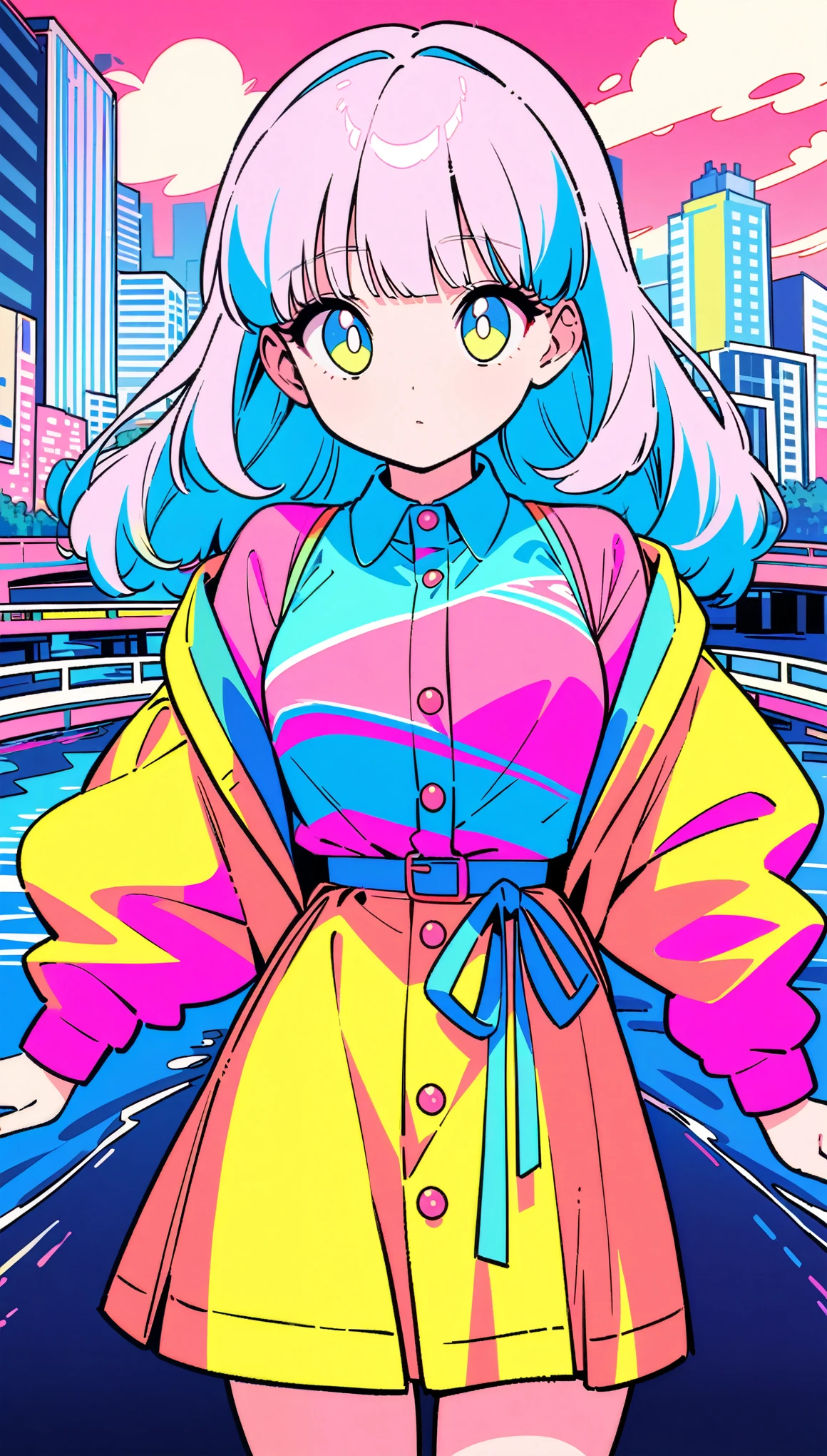 masterpiece, Highest quality, Beautiful attention to detail, Very detailed, In detail, High resolution, Perfect Anatomy, colorful, pastel colour, One Girl, alone, (City pop illustrations), (City Pop Art), Simple Background, Retro Style, (Vaporwave City Pop), (1980s City Pop), (City Pop Anime), (river, bridge), Retro Style, 1980s Fashion, Cowboy Shot,