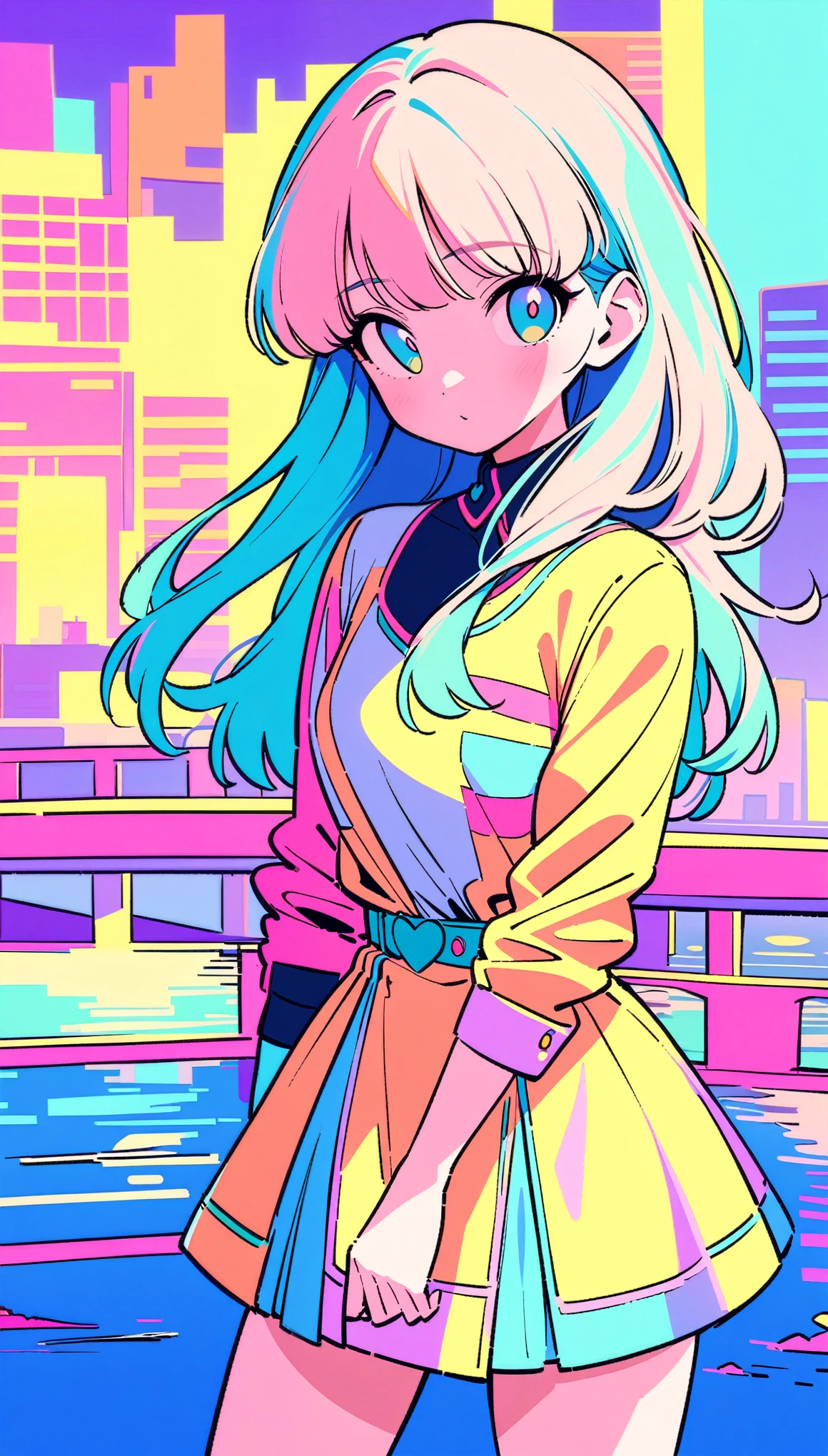 masterpiece, Highest quality, Beautiful attention to detail, Very detailed, In detail, High resolution, Perfect Anatomy, colorful, pastel colour, One Girl, alone, (City pop illustrations), (City Pop Art), Simple Background, Retro Style, (Vaporwave City Pop), (1980s City Pop), (City Pop Anime), (river, bridge), Retro Style, 1980s Fashion, Cowboy Shot,