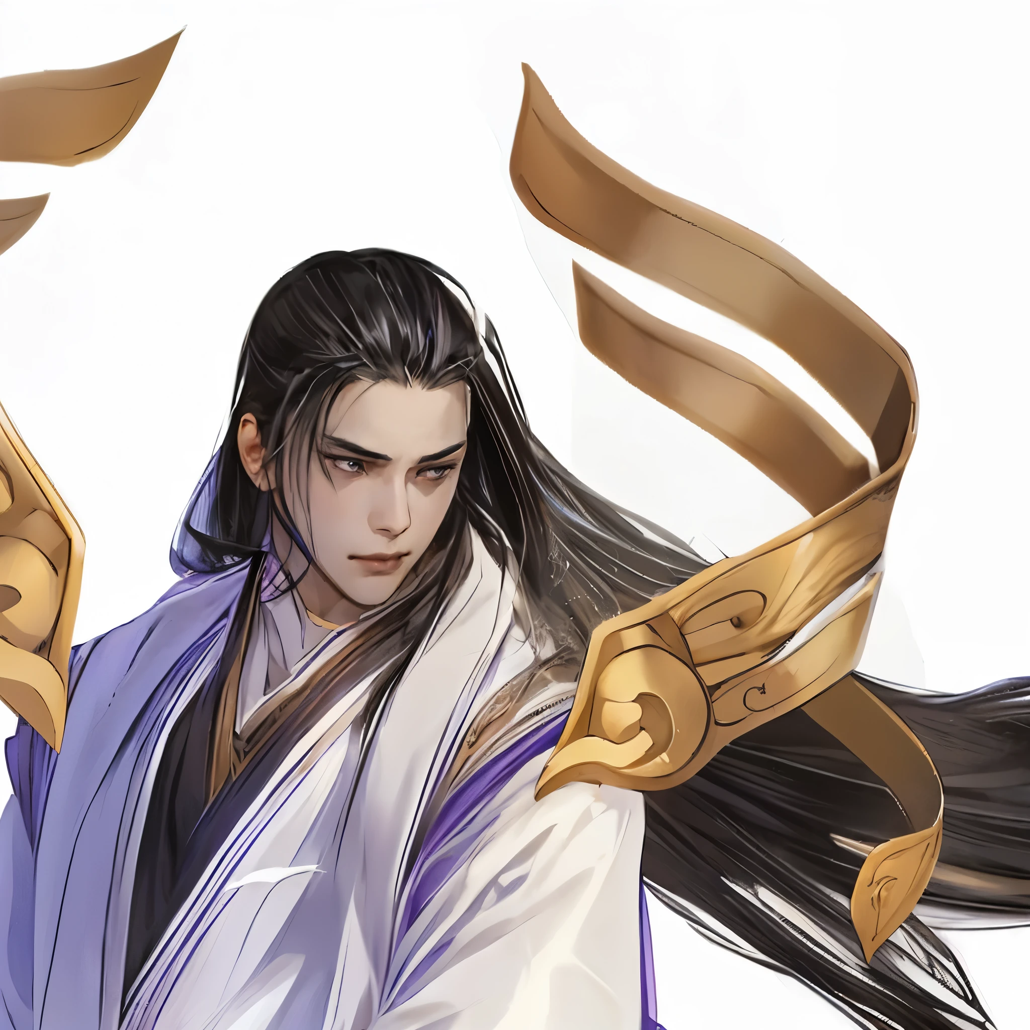  飘逸的长发年轻帅气Mage、Swing the Sword,Game art style and anime character design、Beautiful hand-painted game illustrations、uhd、超detail、16K、Textured Skin、高detail、black、Attack Action、flight、Mage、Competition、Wearing a white and purple robe、Swing the Sword、black长发swordsman、Profile、Clear outline、Full body view、 Swing the Sword, Full body view, Dynamic running posture, Run sideways, flight, swordsman, 英俊的black长发中国男子, Swing the Sword, high quality, detail, Full body shot, flight姿势, White background,   high quality, detail, Ross Tran style concept art, White and deep sky blue, 2D animation, Colorful clothing--ar 79： 86
