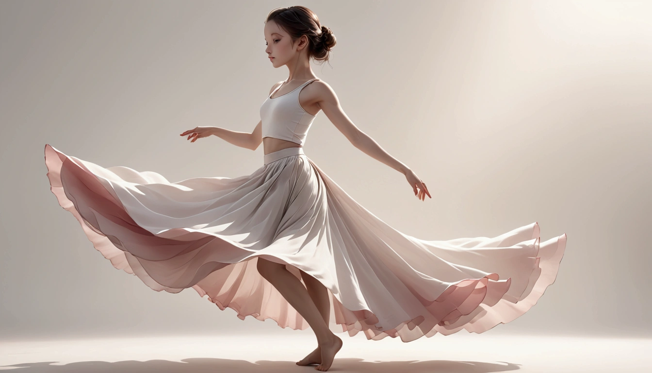 Dance photography;A dancer,Solitary;A dancing ;Long skirt,Plain style,Gray pink and white gradient,Traditional style,Smudged skirt hem;The movements of the dance;elegant,Flexible skirt;Long hair,Long hair披肩。((Full body panorama 1.5)),front; Simple style;Minimalism。White background,Pure white background;Panoramic photography;Depth of Field, Extraordinary details, masterpiece, high quality, 4K,cinematic lighting, motion blur, depth of field, sparkle, ray tracing, reflection light, anatomically correct, uhd, textured skin, best quality, super detail, highres, high details, accurate, high quality, award winning