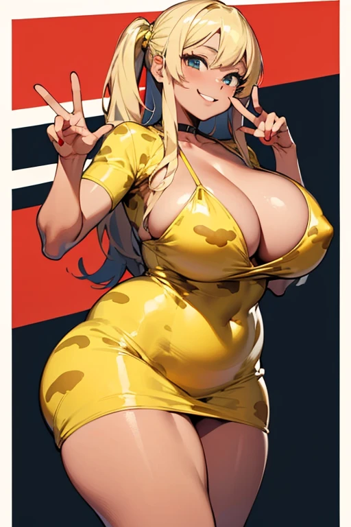 ((Best Quality)), ((masterpiece)), (Super detailed) ((anime)) , 1. Chica Gyaru,BBW,plump woman with loose blonde hair,Dark skin, big breasts,big thighs,smiling doing her fingers in V pose ,with a tight animal print dress