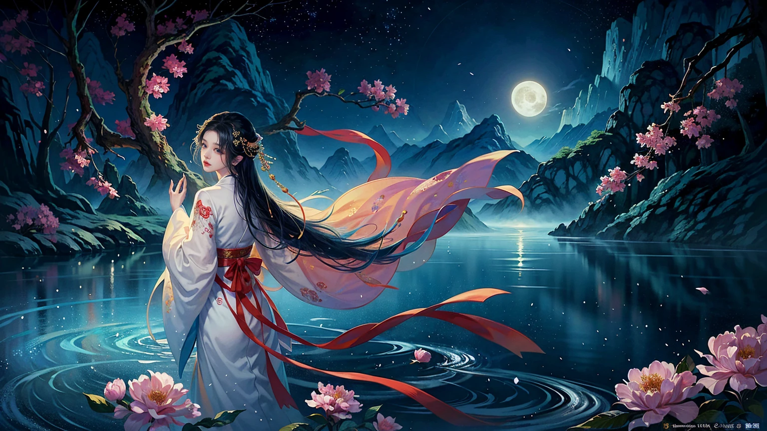 Official Art, Unity 8K wallpaper, Extremely detailed, beautiful and aesthetic, masterpiece, best quality, For the world，You may be alone，But for someone，You could be the whole world, paradox, Adrian Genius, Jenny Savile, Edward Hope, Surrealism, The Dark Arts of James Jean, Takato Yamamoto, 墨water朋克极简主义, fashion magazine, Editorial Photography,  gufeng, moon, Tree, Solitary, water, flower, Branches, night, Black Hair, Back to, shawl, full moon, (1 Korean girl，y facial features，Sexingers), in Tree, Long hair, Sky, sit, Chinese clothes, Hanfu, crescent moon, permanent, outdoor，手上有一个water晶球