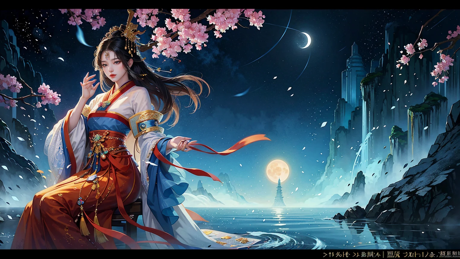 Official Art, Unity 8K wallpaper, Extremely detailed, beautiful and aesthetic, masterpiece, best quality, For the world,You may be alone,But for someone,You could be the whole world, paradox, Adrian Genius, Jenny Savile, Edward Hope, Surrealism, The Dark Arts of James Jean, Takato Yamamoto, 墨water朋克极简主义, fashion magazine, Editorial Photography, gufeng, moon, Tree, Solitary, water, flower, Branches, night, Black Hair, Back to, shawl, full moon, (1 Korean girl,Sexy facial features,Sexy fingers), in Tree, Long hair, Sky, sit, Chinese clothes, Hanfu, crescent moon, permanent, outdoor,手上有一个water晶球