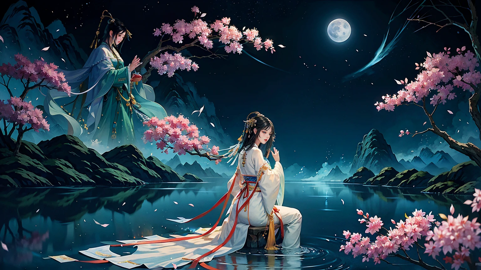 Official Art, Unity 8K wallpaper, Extremely detailed, beautiful and aesthetic, masterpiece, best quality, For the world,You may be alone,But for someone,You could be the whole world, paradox, Adrian Genius, Jenny Savile, Edward Hope, Surrealism, The Dark Arts of James Jean, Takato Yamamoto, 墨water朋克极简主义, fashion magazine, Editorial Photography, gufeng, moon, Tree, Solitary, water, flower, Branches, night, Black Hair, Back to, shawl, full moon, (1 Korean girl,Sexy facial features,Sexy fingers), in Tree, Long hair, Sky, sit, Chinese clothes, Hanfu, crescent moon, permanent, outdoor,手上有一个water晶球