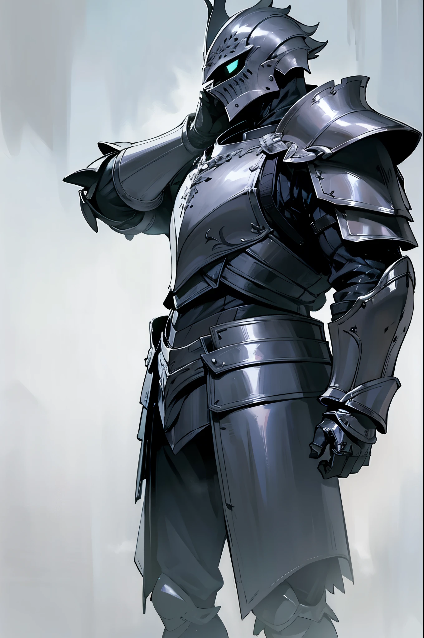 1male, black armor, detailed armor, outside misty background, hands to side, standing on path
