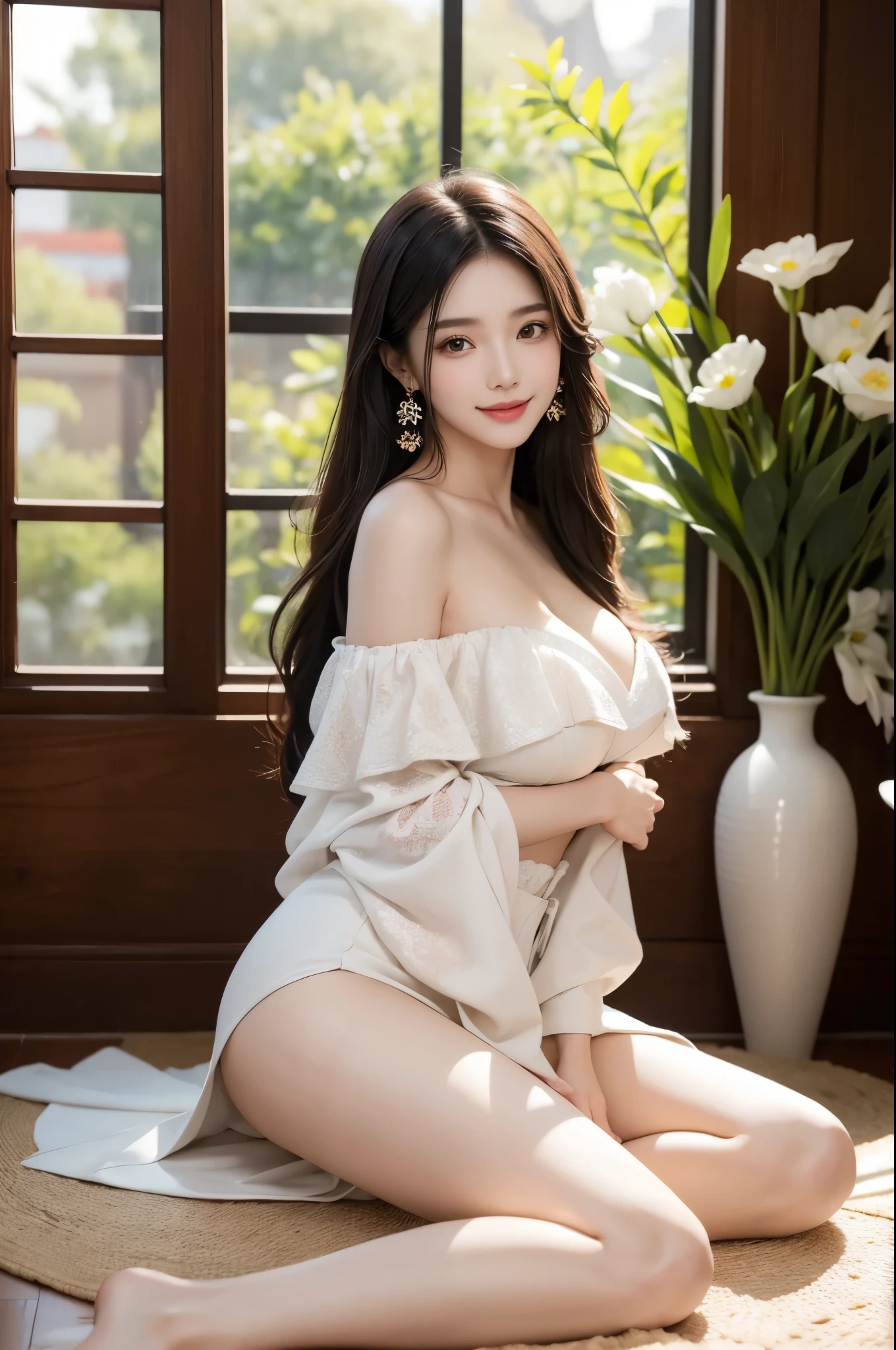 yifu0309 1girl solo long hair looking_at_viewer smile black_hair bare_shoulders jewelry earrings off_shoulder in front of yuanming_background, A beautiful woman sitting gracefully, Visible cleavage, sexy slim legs, long white legs, realistic style, detailed and rich textures. She has long, flowing hair, expressive eyes, and a warm smile. surrounded by a cozy, well-decorated room with soft lighting. The background includes a bookshelf filled with books, a vase with fresh flowers, and a window showing a serene garden outside. Her posture is relaxed, The scene is bathed in natural light, highlighting the fine details of her features and the surrounding environment. Anatomically correct