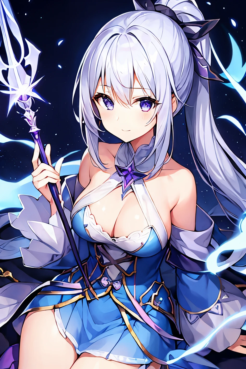 1 girl、Silver Hair、ponytail、Fantasy、witch、Blue clothes、Purple decoration、accessories、Villain、Magic wand
