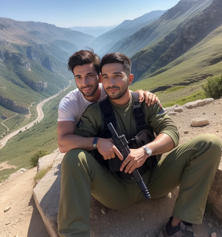 30 years old,One Man,Israeli fighters,Cliff in the mountains、Sit with your legs wide open、Hold a gun,logic,Gay ,Short Hair、Stubble,Handsome、Fighting spirit、The crotch area is bulging。