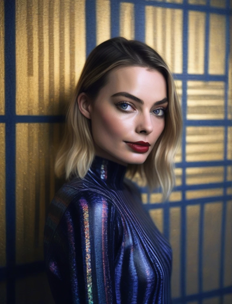 MargotRobbie, as harleyquinn(art by Henri Le Sidaner:1.3) ,art by Bill Brauer, photograph, highly detailed, Sharp Murano tiny Qin Dynasty (Female:1.3) , Soul reaver, wearing Wide-leg pants and off-the-shoulder top in stripes patterns, Dark Pixie hairstyle, Stars in the sky, soft focus, Illustration, deep indigo lighting, film grain, Fuji superia 400, Depth of field 100mm, two colors, "She will be loved, and she will be loved.",  