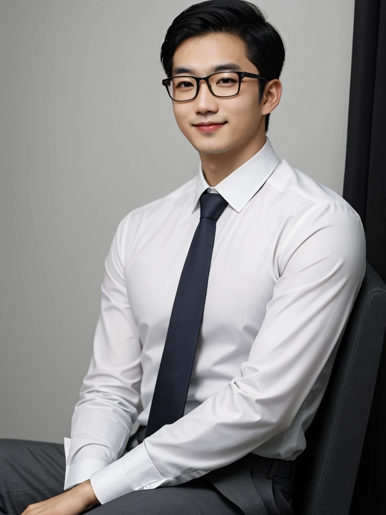 (protrait photo)asian man, 30 years old, project Manager。wear glasses,He is wearing a dark suit, Pair with a white shirt and dark tie。His hair is neat, Face clean and clean, round face,short hair,Eyes reveal wisdom and confidence。He smiles and looks at the camera, Convey a professional and capable temperament, Ultra high quality, masterpiece, textured skin, high quality, high resolution, best quality, high detail,Half-length photo,whole body, sitting