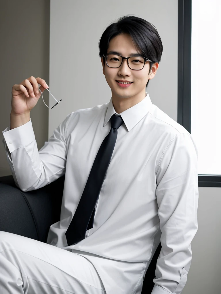 （protrait photo）asian man, 30 years old, project Manager。wear glasses，He is wearing a dark suit, Pair with a white shirt and dark tie。His hair is neat, Face clean and clean, round face，short hair，Eyes reveal wisdom and confidence。He smiles and looks at the camera, Convey a professional and capable temperament, Ultra high quality, masterpiece, textured skin, high quality, high resolution, best quality, high detail，Half-length photo，whole body, sitting