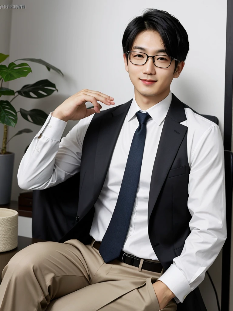 (protrait photo)asian man, 30 years old, project Manager。wear glasses,He is wearing a dark suit, Pair with a white shirt and dark tie。His hair is neat, Face clean and clean, round face,short hair,Eyes reveal wisdom and confidence。He smiles and looks at the camera, Convey a professional and capable temperament, Ultra high quality, masterpiece, textured skin, high quality, high resolution, best quality, high detail,Half-length photo,whole body, sitting