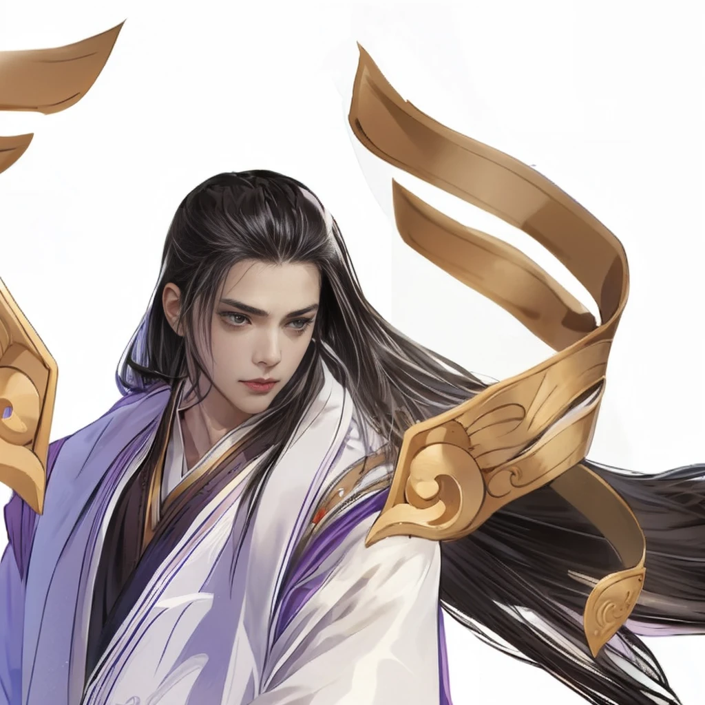 飘逸的长发年轻帅气Mage、Swing the Sword,Game art style and anime character design、Beautiful hand-painted game illustrations、uhd、超detail、16K、Textured Skin、高detail、black、Attack Action、flight、Mage、Competition、Wearing a white and purple robe、Swing the Sword、black长发swordsman、Profile、Clear outline、Full body view、 Swing the Sword, Full body view, Dynamic running posture, Run sideways, flight, swordsman, 英俊的black长发中国男子, Swing the Sword, high quality, detail, Full body shot, flight姿势, White background, high quality, detail, Ross Tran style concept art, White and deep sky blue, 2D animation, Colorful clothing--ar 79: 86