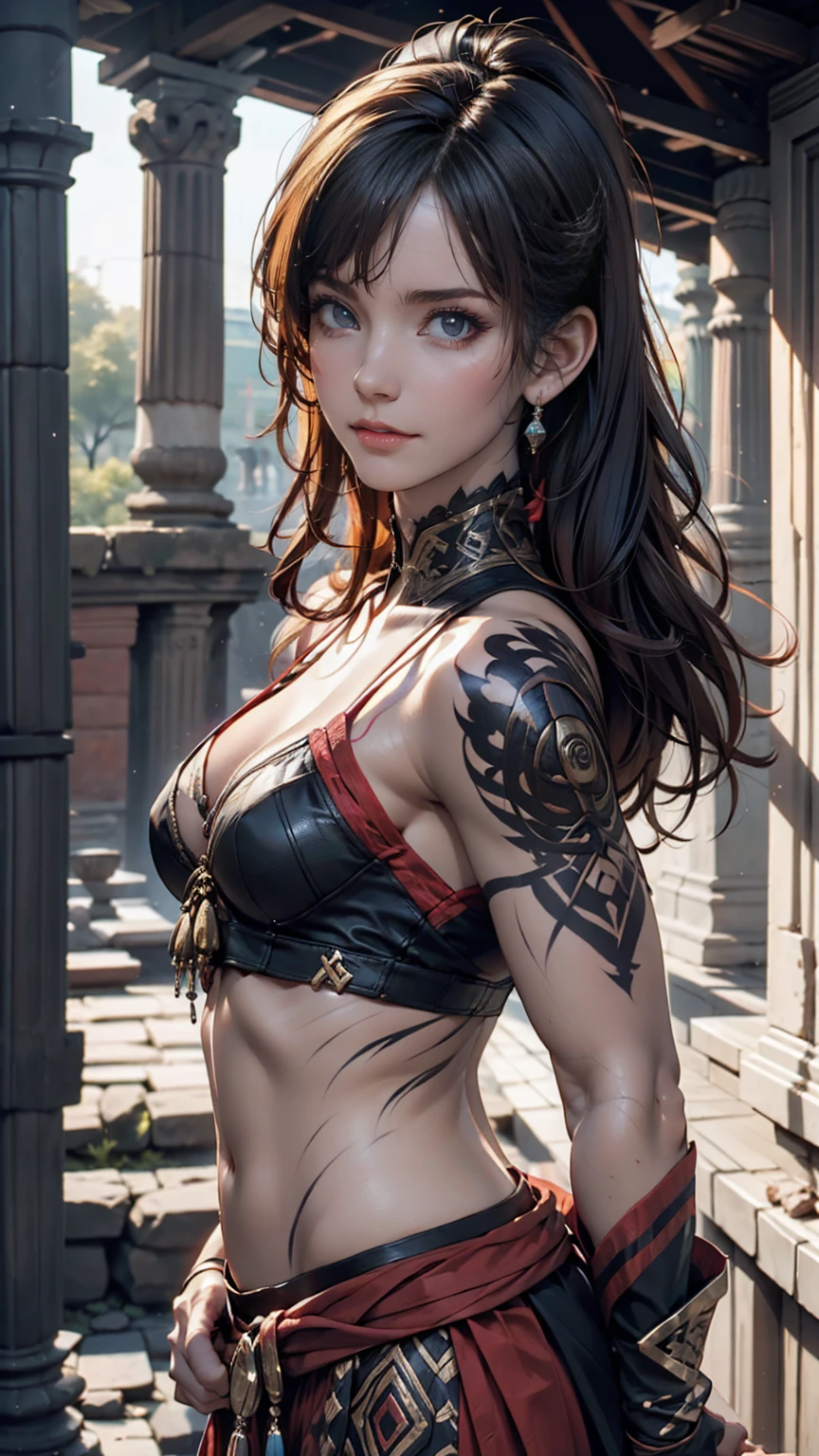 A woman with body paint in a powerful pattern reminiscent of a tribal warrior、Standing on ancient ruins