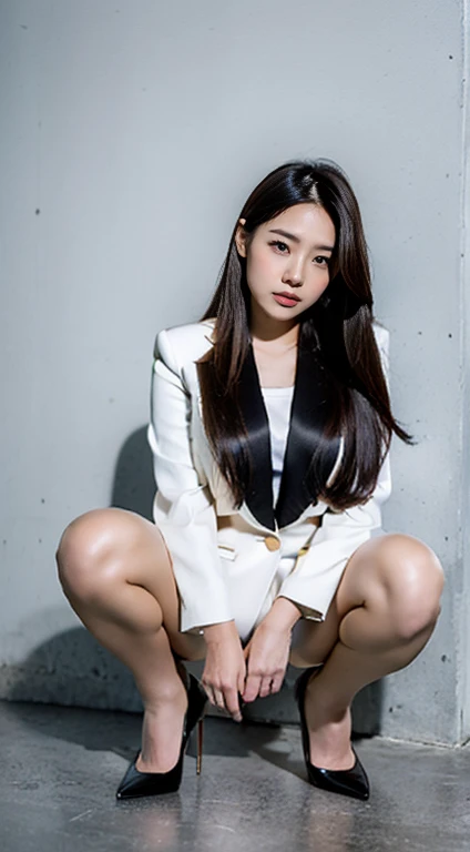 Japanese,Mature Woman, (alone), 20-year-old, (double),whole body,Brown long hair, Brown Hair,Glamour, Pure white skin, Photographed from the front,Observe the audience、(suit)、((Black high heels)),In front of a white wall、Squat,Spread your legs