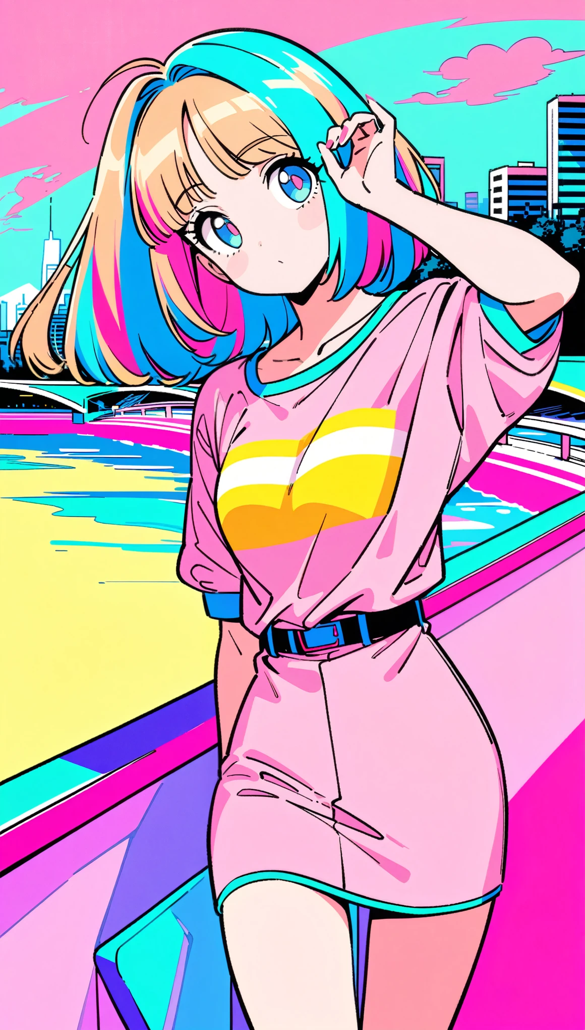 masterpiece, Highest quality, Beautiful attention to detail, Very detailed, In detail, High resolution, Perfect ???????, colorful, pastel colour, One Girl, alone, (City pop illustrations), (City Pop Art), Simple Background, Retro Style, (Vaporwave City Pop), (1980s City Pop), (City Pop Anime), (river, bridge), Retro Style, 1980s Fashion, Cowboy Shot,
