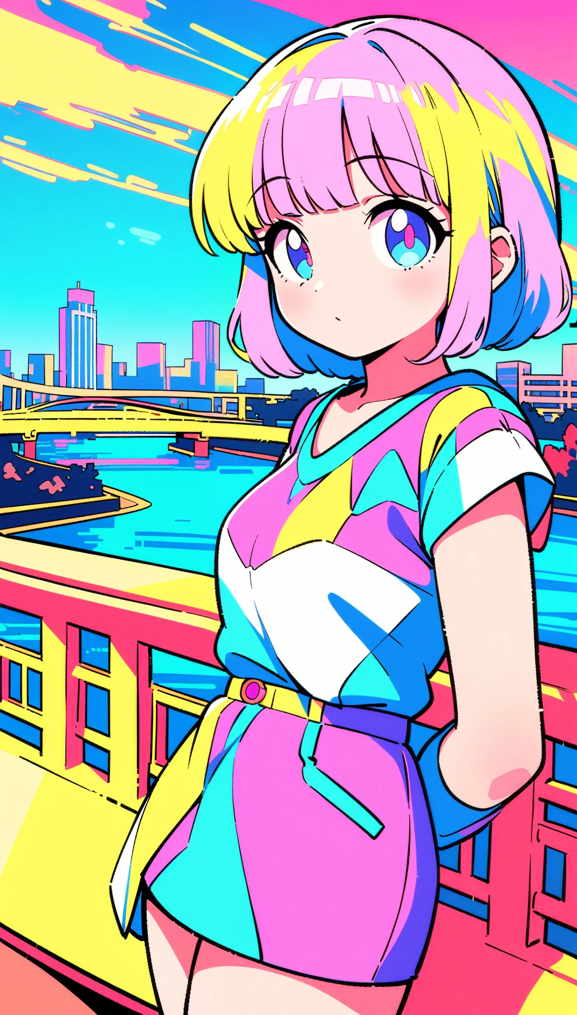 masterpiece, Highest quality, Beautiful attention to detail, Very detailed, In detail, High resolution, Perfect Anatomy, colorful, pastel colour, One Girl, alone, (City pop illustrations), (City Pop Art), Simple Background, Retro Style, (Vaporwave City Pop), (1980s City Pop), (City Pop Anime), (river, bridge), Retro Style, 1980s Fashion, Cowboy Shot,