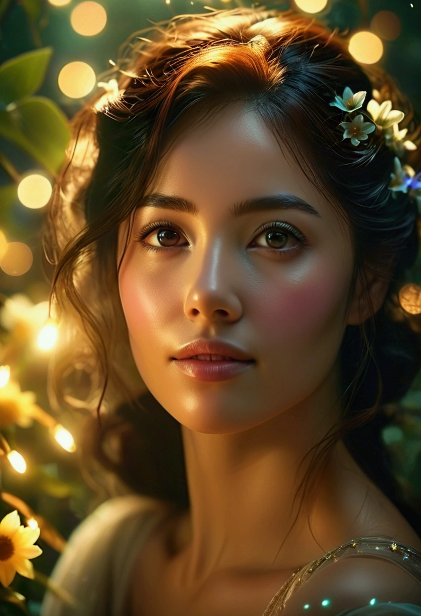 A beautiful woman with delicate features, A mystical and ethereal scene with stars, flowers, nature, It is all made up of light and luminance., (best quality, 4K,8k, high resolution, masterpiece:1.2), (Extreme upper body close-up angle), very detailed, (realistic:1.37),movie lights,dramatic atmospheric lighting,vivid colors, fancy, 초realistic, dreamlike, ethereal, magical, convoluted details, lush vegetation, quiet, feeble, convoluted, elegant, soft focus , feels like a movie, dramatic, great composition