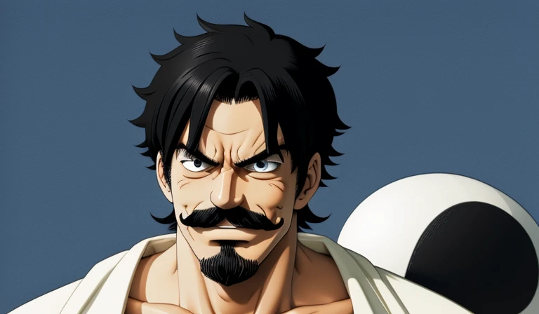 One Piece"Gol Roger"、quite strong。The most conspicuous appearance feature is his upturned mustache、Evil smile、sharp eyes。Has thick black hair、short, strong neck。