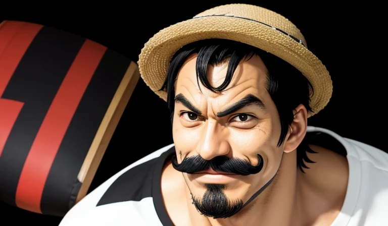 One Piece"Gol Roger"、quite strong。The most conspicuous appearance feature is his upturned mustache、Evil smile、sharp eyes。Has thick black hair、short, strong neck。