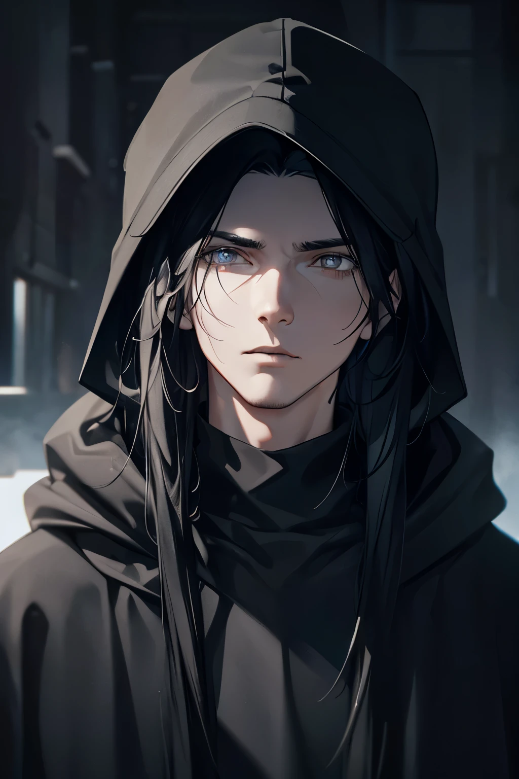 (1 tall young man),(close up view),(oversized hoodie),(long black hair with wearing a dad cap),(highly detailed portrait),(photorealistic, realistic, 4k, 8k, best quality, ultra-detailed),(dramatic lighting),(cinematic, dramatic),(cool toned color palette),(moody, atmospheric)