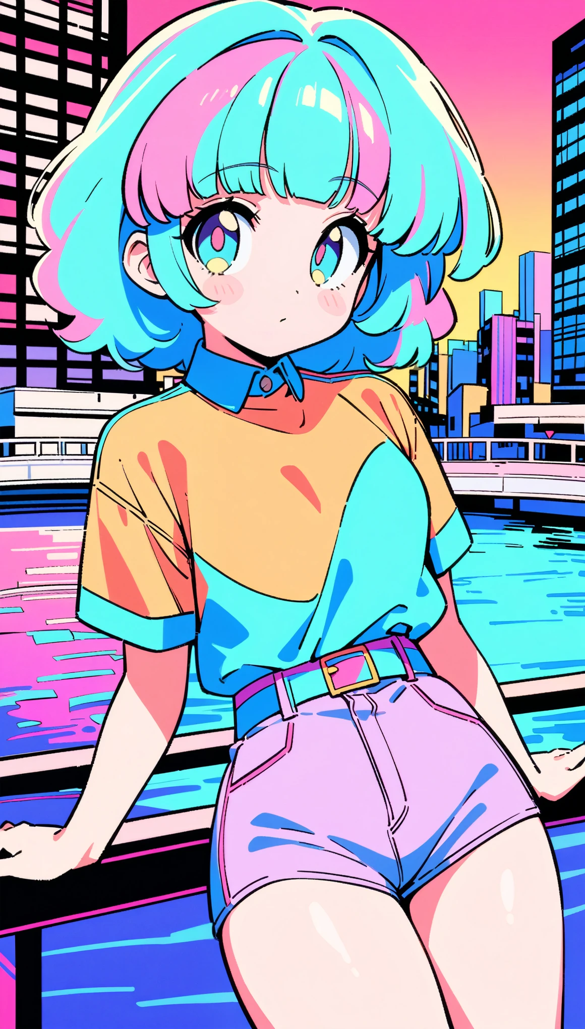 masterpiece, Highest quality, Beautiful attention to detail, Very detailed, In detail, High resolution, Perfect Anatomy, colorful, pastel colour, One Girl, alone, (City pop illustrations), (City Pop Art), Simple Background, Retro Style, (Vaporwave City Pop), (1980s City Pop), (City Pop Anime), (river, bridge), Retro Style, 1980s Fashion, Cowboy Shot,