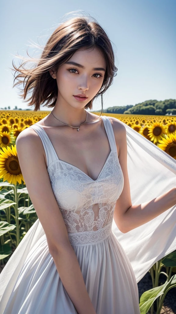 masterpiece, Highest quality, Very detailed, One girl,20 year old girl,Beautiful attention to detail, Clear Eyes,Almond Eye,Parallel eyebrows,Straight nose,Beautiful Face,Beautiful double eyelids,Delicate eyelashes,View your viewers,A beautifully detailed face,Neat and beautiful,Pale skin,Clear skin,Clean and fresh,Close-up of face,High resolution, Gaze, Black Hair, Shortcuts,short hair,High-resolution model, High detail, Ultra high definition, Detailed Background,Walk through the sunflower field,fresh,A neat and summery dress,The wind is blowing,Hair swaying
