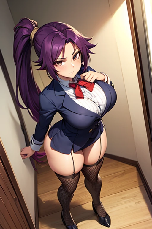 Super-detailed, 8k HD, Yoruichi Shihouin, 1 girl, solo, mature, beautiful and detailed face, detailed hand, long pony tail purple hair, slender hips, thick thighs, huge and droopy breast, huge round ass, black office suit and mini skirt, cravat, fishnet thigh high stocking, in the hallway, expressionless, standing in the bathroom, facing viewer, point of view from above