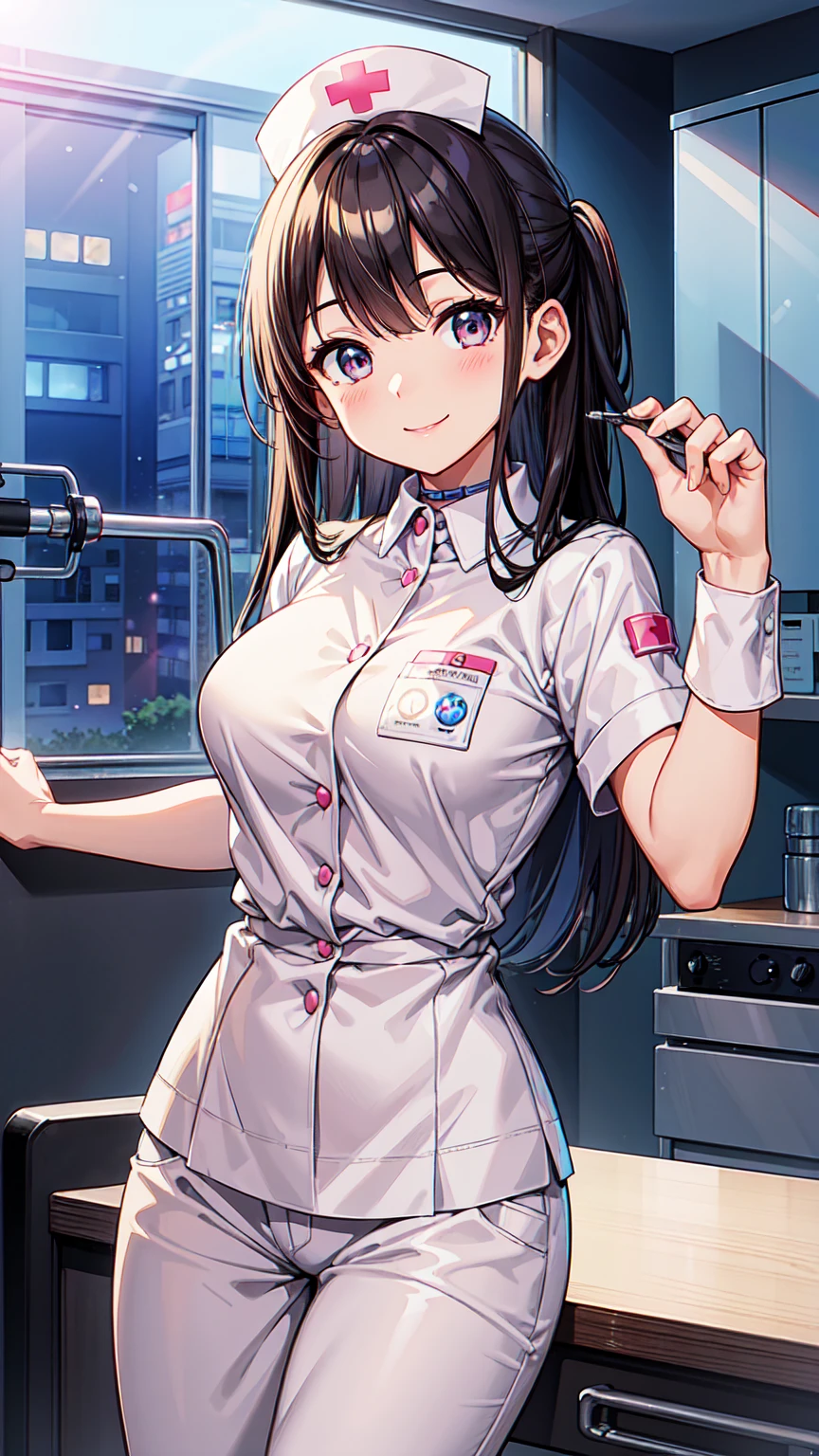 master piece , best quality , ultra detailed , woman , smile , shiny hair , beautiful eyes , kawaii , cute , Nurse uniform, white scrub top, pants, ID badge, warm smile, hospital background