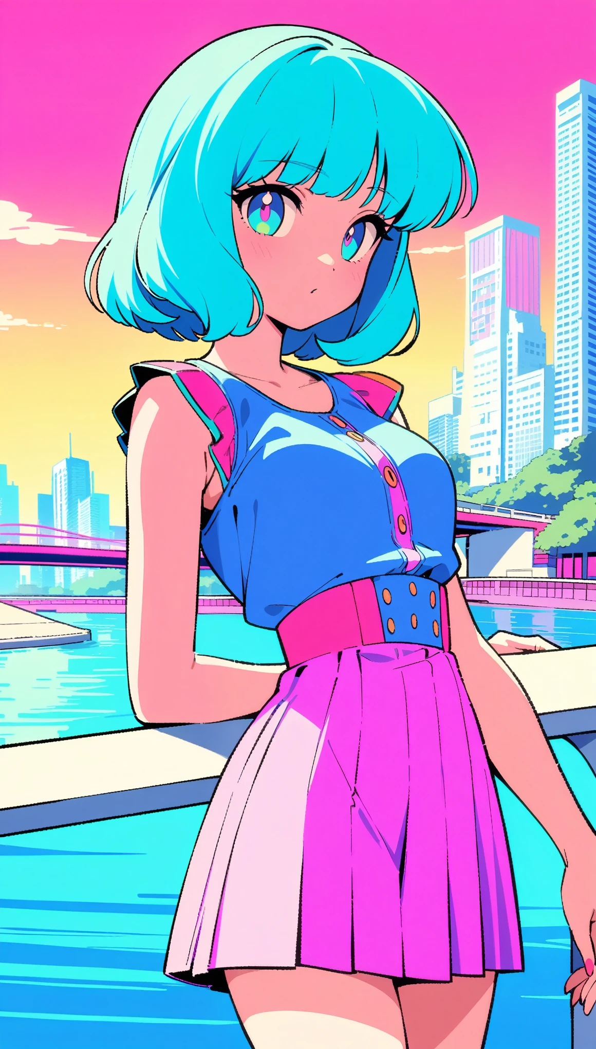 masterpiece, Highest quality, Beautiful attention to detail, Very detailed, In detail, High resolution, Perfect ???????, colorful, pastel colour, One Girl, alone, (City pop illustrations), (City Pop Art), Simple Background, Retro Style, (Vaporwave City Pop), (1980s City Pop), (City Pop Anime), (river, bridge), Retro Style, 1980s Fashion, Cowboy Shot,
