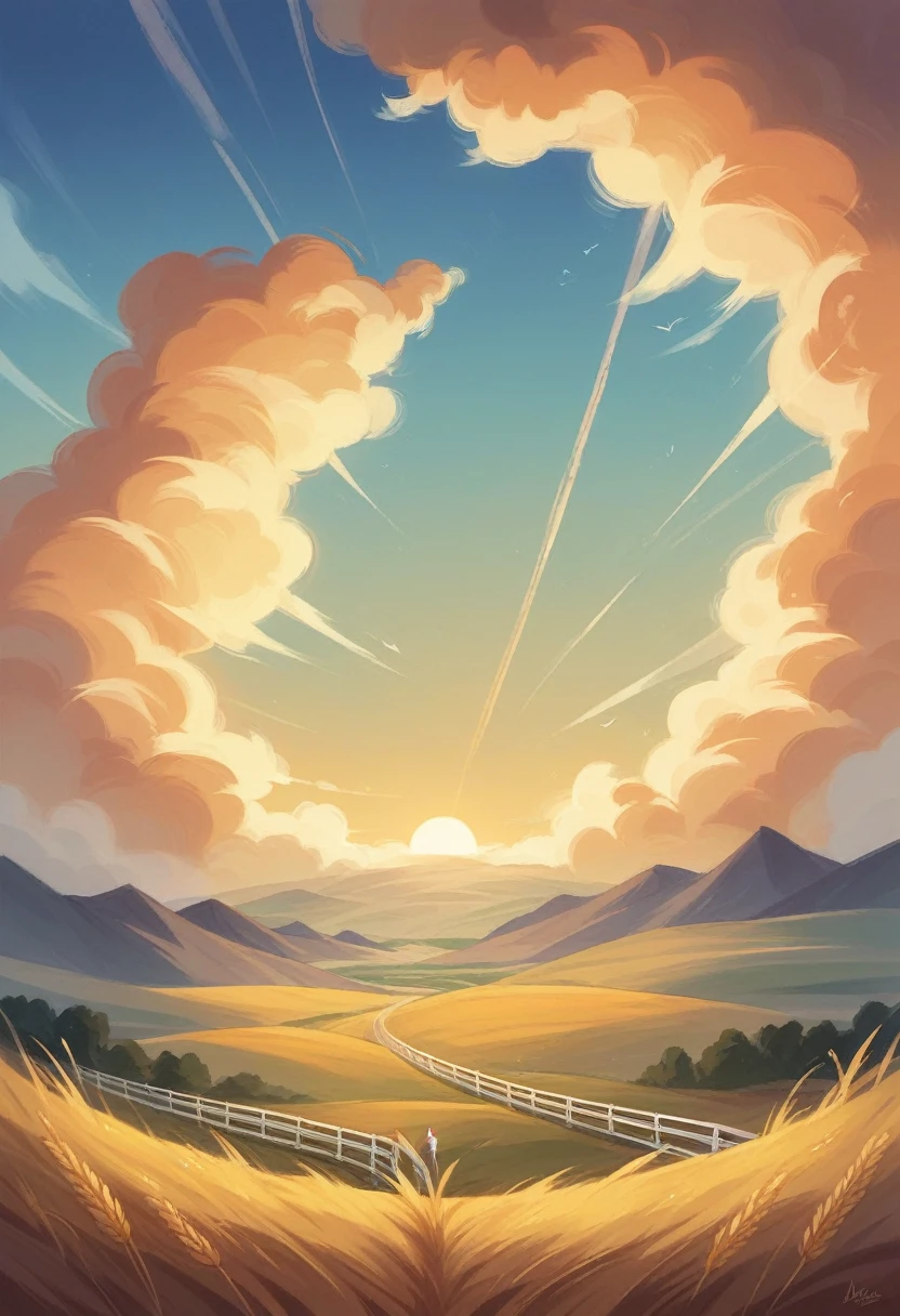 Golden wheat fields，2girl，Two little girls chasing each other in the wheat field，High-speed rail，Sunset，Illustration style，Big View