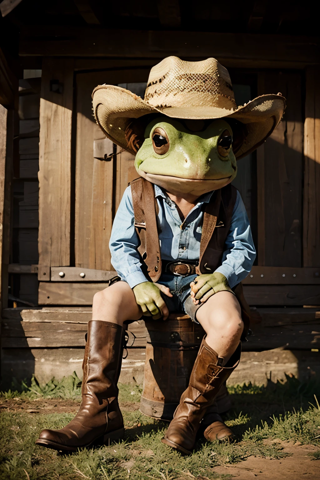 frog wearing cowboy hat and boot on his legs