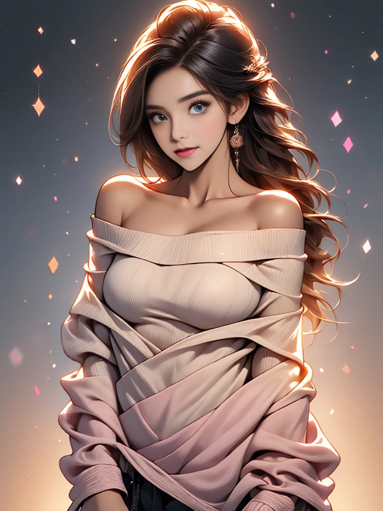  ((beautiful woman with flawless  skin)), long hair with gradient glow,electric colors, clearly defined facial features, big detailed eyes, ((( wearing an off the shoulder sweater))) glowing in the background, masterpiece, best high quality image,96k, uhd, depth of field, 1080P wallpaper, spotlight, character focus, high quality, insanely detailed, ray tracing ,UHD picture quality in the style of Amy Sol