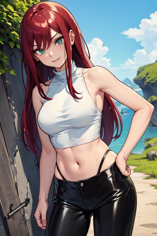 cute_adult_jessie_from_pokemon, (only_white high_neck_halter_top | bare shoulders | neckholder | long top), (black_pants | leather_fabric), small_midriff, (long red hair), green eyes, motivated pose, medium_breasts, nature, skinny, nice, happy smile, kind_eyes, friendly smile, female, high resolution, 8k, cowboy shot