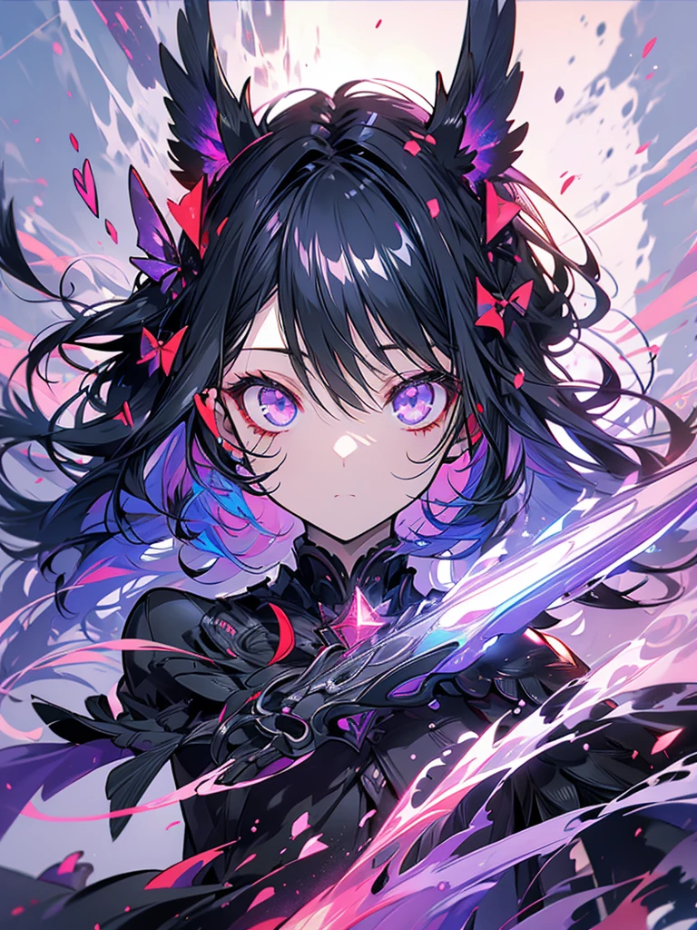 Black hair Fallen angel Red eyes Bow Girl Cute Sky Purple aura