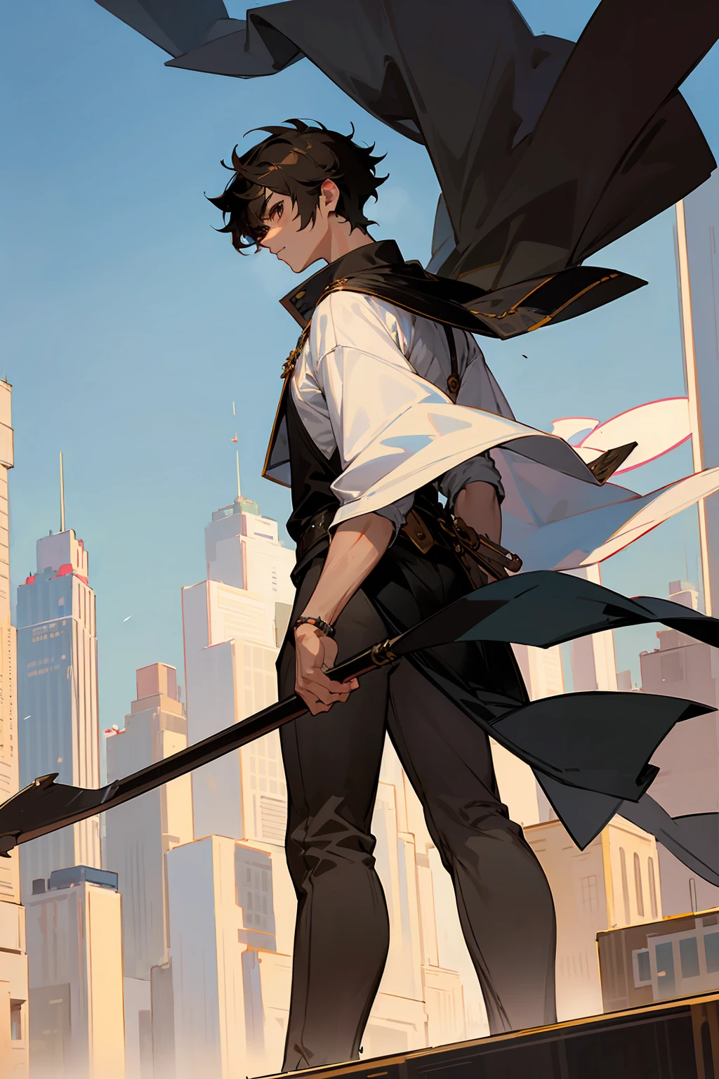 1male, Male, Black Short Fluffy Hair, Brown Eyes, Perfect Generation, Masterpiece Quality, Standing In city, Spear in Hand